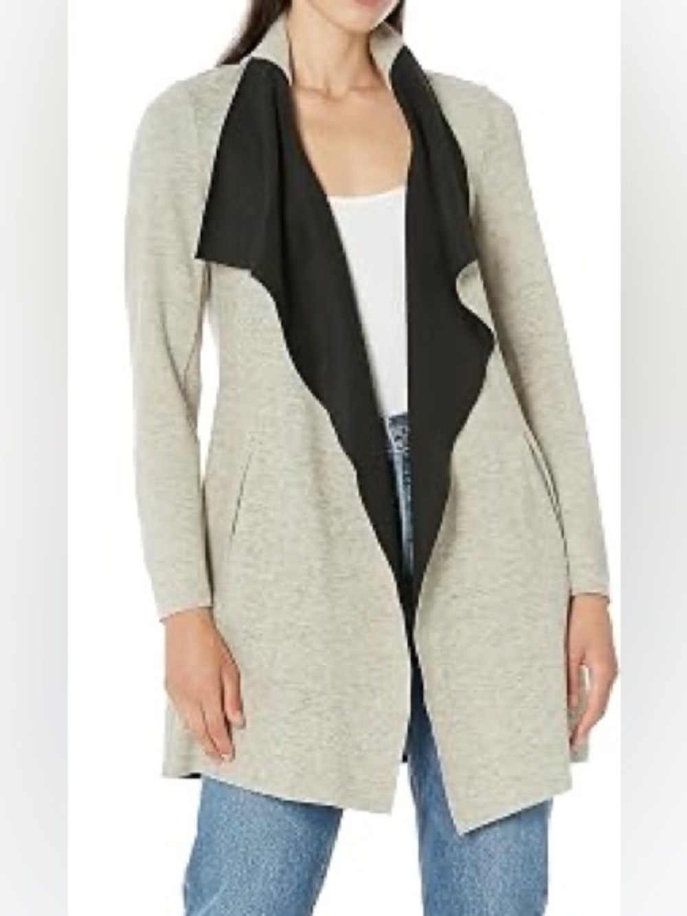 NIC+ZOE Women’s L Gray Beige Black Waterfall Open Front Long Cardigan Jacket